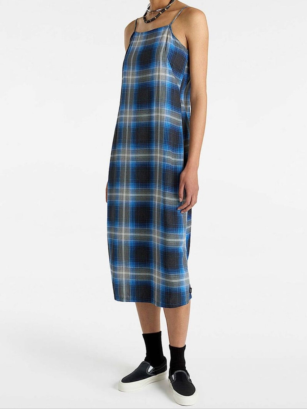 Blue Plaid Midi Length Slip Dress